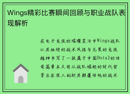 Wings精彩比赛瞬间回顾与职业战队表现解析