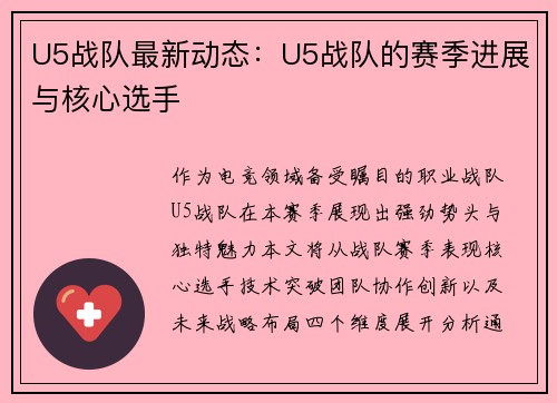 U5战队最新动态：U5战队的赛季进展与核心选手