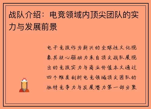 战队介绍：电竞领域内顶尖团队的实力与发展前景