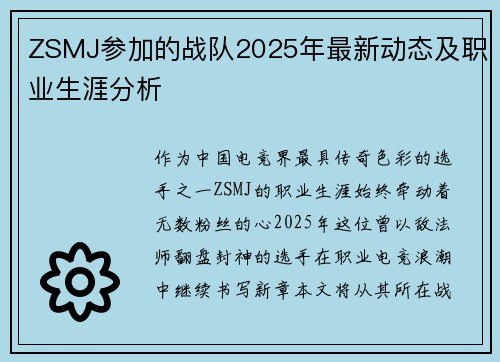 ZSMJ参加的战队2025年最新动态及职业生涯分析