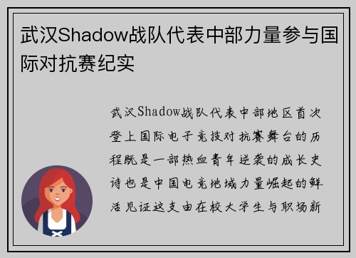 武汉Shadow战队代表中部力量参与国际对抗赛纪实